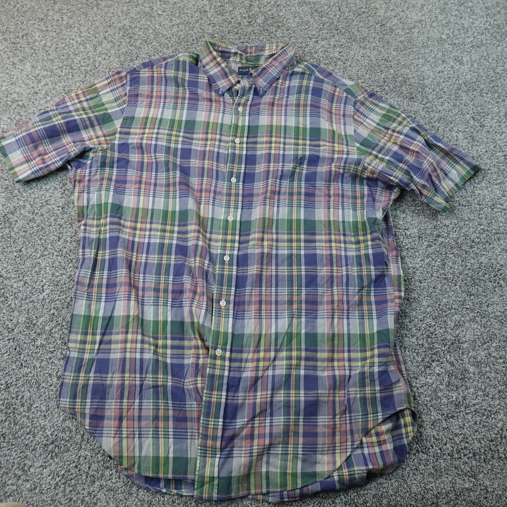 VTG Ralph Lauren Shirt Mens 2XLT Madras Plaid Button Up Short Sleeve Pony Preppy